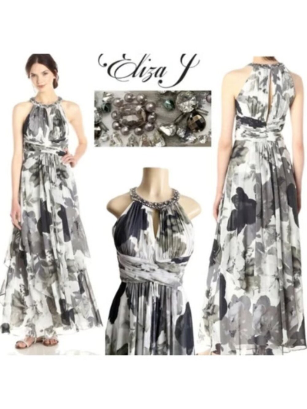 Eliza J NWT Women's White/Black/Gray Ruffled Beaded Ethereal Gown, Size 8